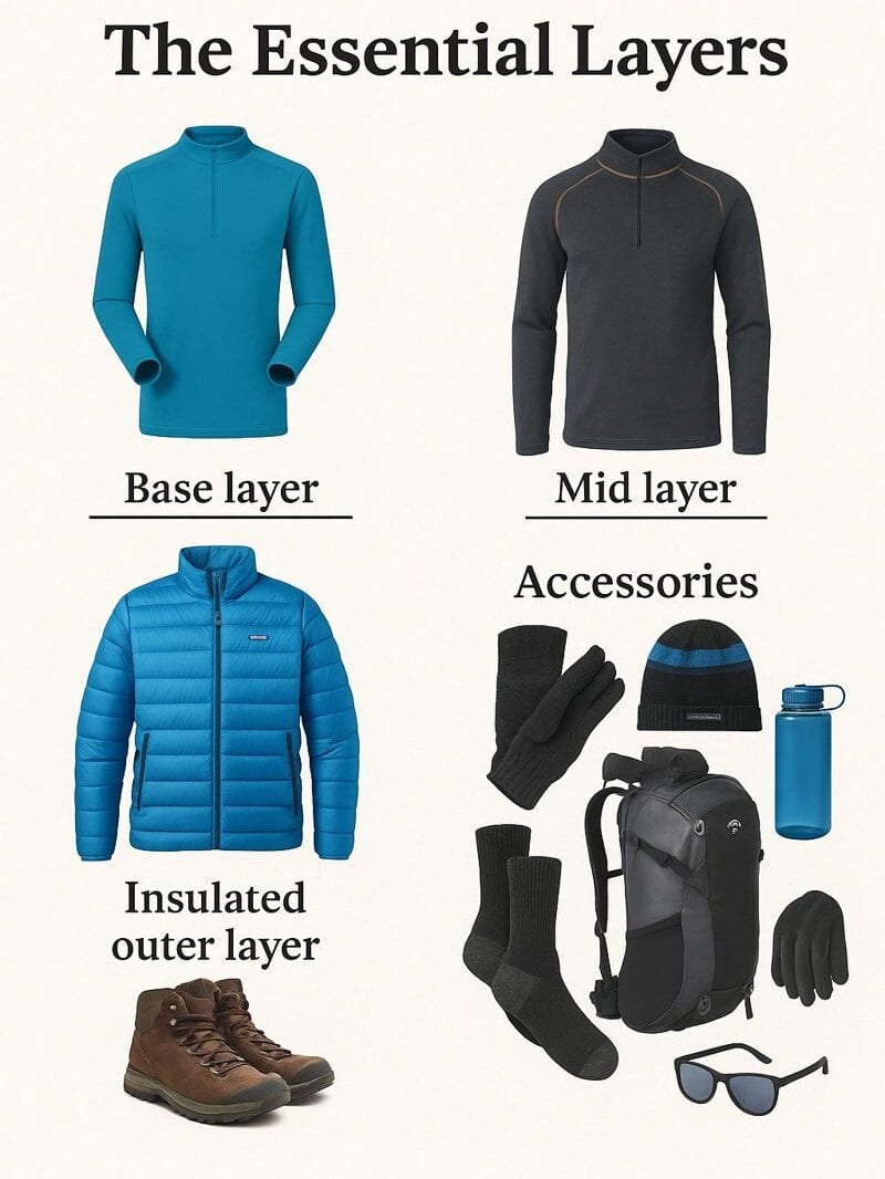 Essential layering system for Torres del Paine trekking - base layer, mid layer, insulated outer layer and accessories