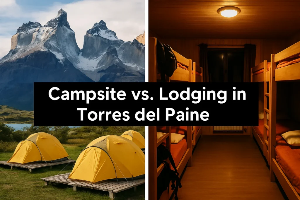 Equipped tents on wooden platforms beside a refugio bunk room in Torres del Paine