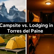 Equipped tents on wooden platforms beside a refugio bunk room in Torres del Paine