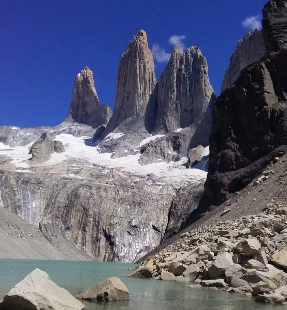 Base Torres viewpoint with the granite towers in Torres del Paine National Park.