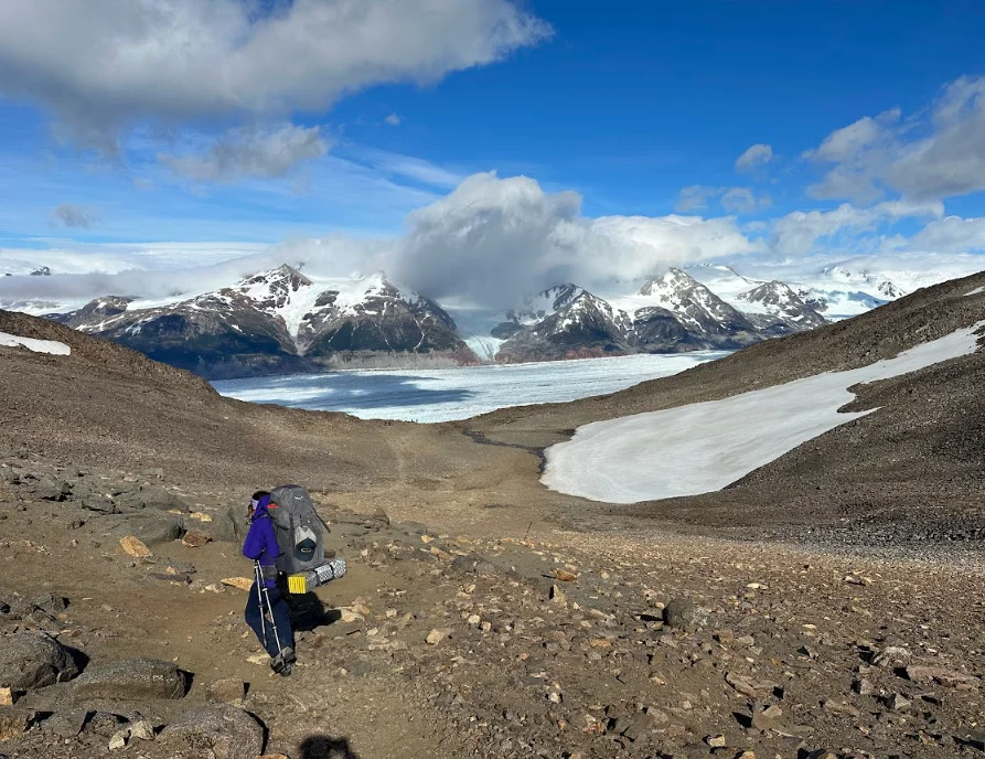 Hiker on the John Gardner Pass section of the O Circuit in Torres del Paine National Park.