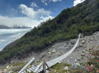 Hanging bridge near Grey Glacier on the W Trek in Torres del Paine National Park.