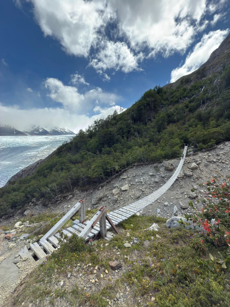 Hanging bridge near Grey Glacier on the W Trek in Torres del Paine National Park.