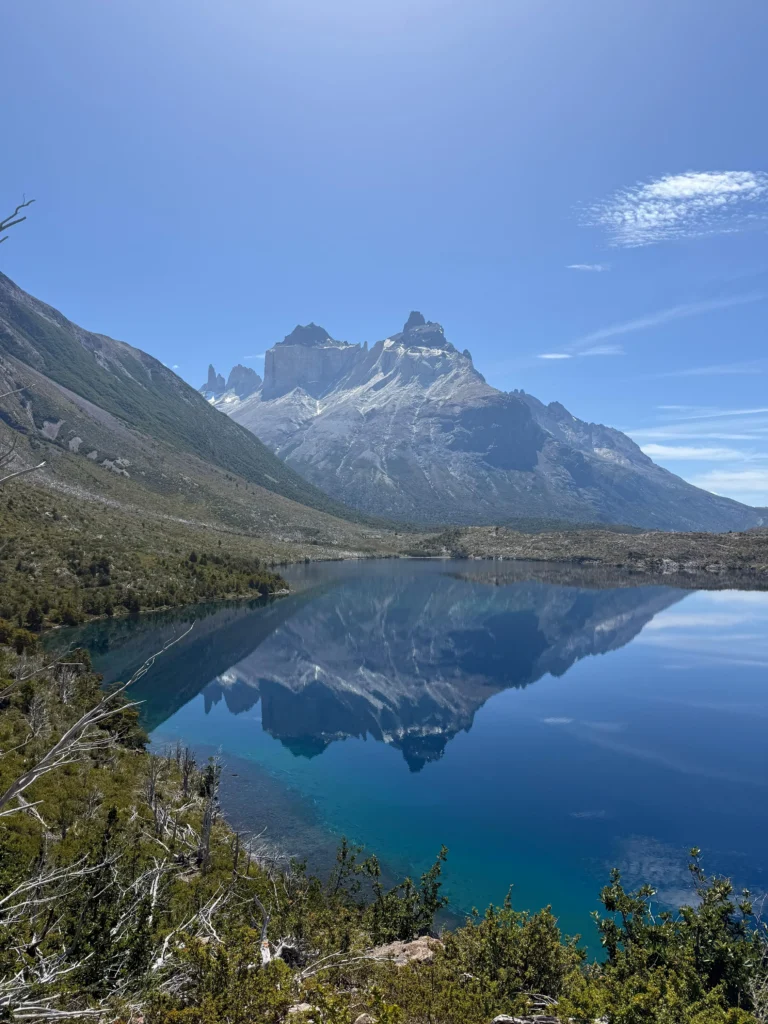 Mountain reflected in a calm lake in Torres del Paine
