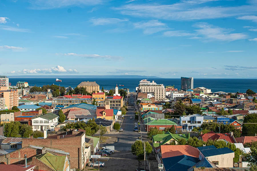 City view of Punta Arenas with the Strait of Magellan in the background.