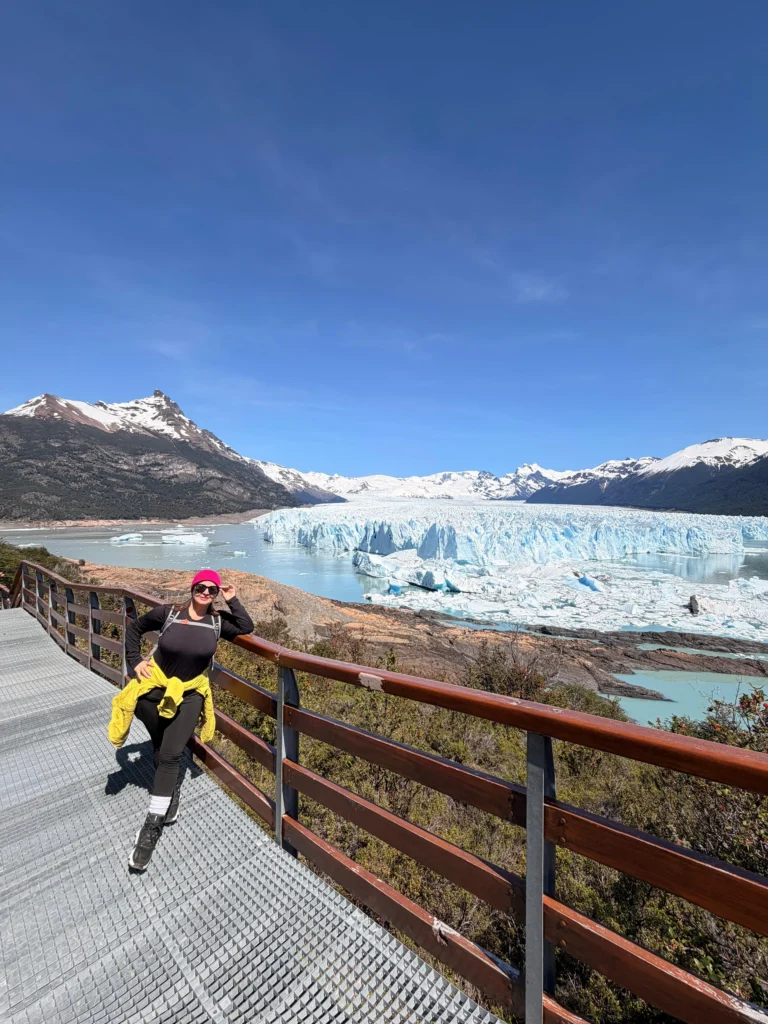 Traveler viewing Perito Moreno Glacier from the walkways in Los Glaciares National Park, Argentina.