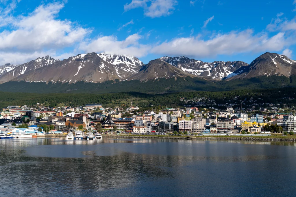 Ushuaia city with mountains and waterfront in Tierra del Fuego, Argentina.