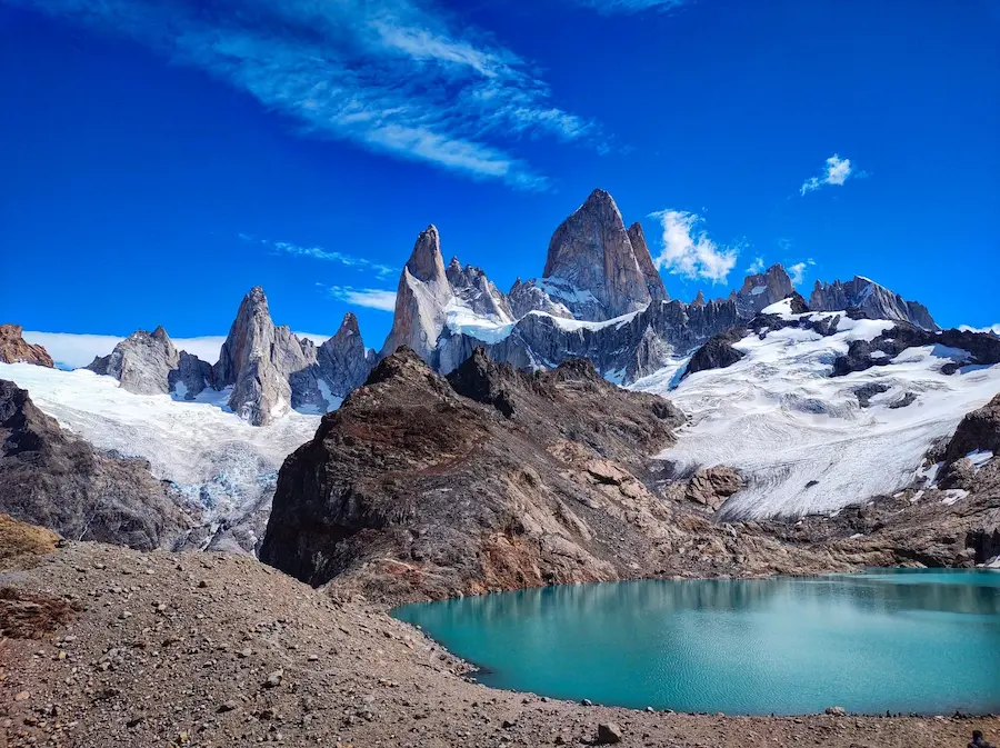 Mount Fitz Roy and turquoise glacial lagoon near El Chaltén in Argentine Patagonia.