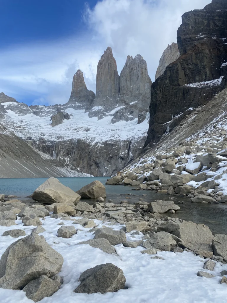 Base Torres viewpoint on the W Trek, with the three granite towers of Torres del Paine above the glacial lagoon
