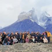 A guided group in front of the Cuernos del Paine on the W Trek